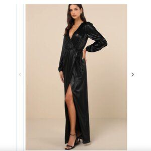 Lulus Extra Aesthetic Black Shiny Long Sleeve Surplice Maxi Dress - Size M